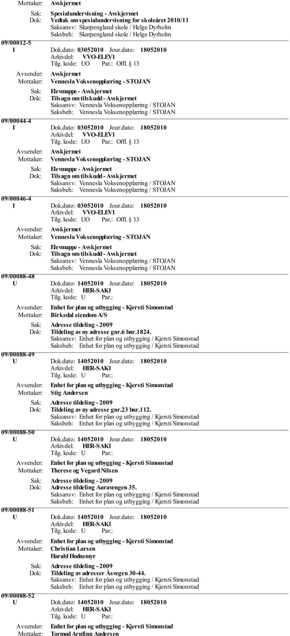 dato: Enhet for plan og utbygging - Kjersti Simonstad Birkedal eiendom A/S Adresse tildeling - 2009 Tildeling av ny adresse gnr.6 bnr.1824. 09/00088-49 U Dok.dato: 14052010 Jour.