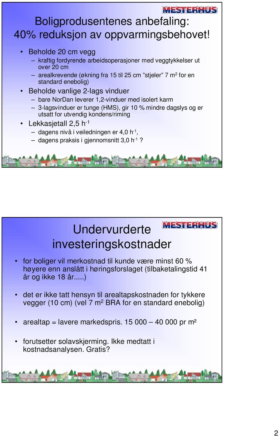 bare NorDan leverer 1,2-vinduer med isolert karm 3-lagsvinduer er tunge (HMS), gir 10 % mindre dagslys og er utsatt for utvendig kondens/riming Lekkasjetall 2,5 h -1 dagens nivå i veiledningen er 4,0