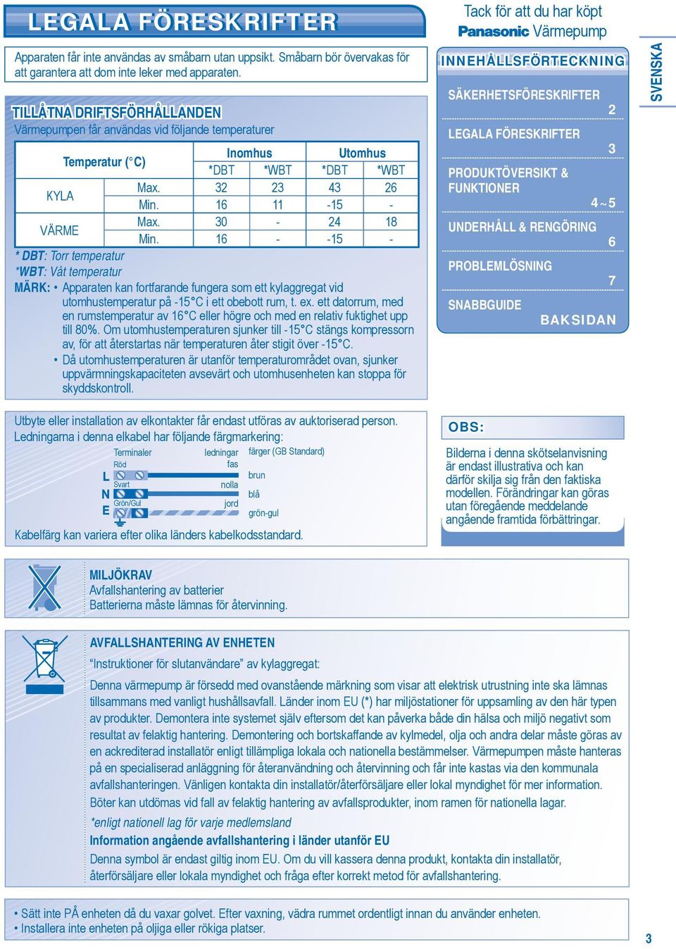 16 - -15 - * DBT: Torr temperatur *WBT: Våt temperatur MÄRK: Apparaten kan fortfarande fungera som ett kylaggregat vid utomhustemperatur på -15 C i ett obebott rum, t. ex.