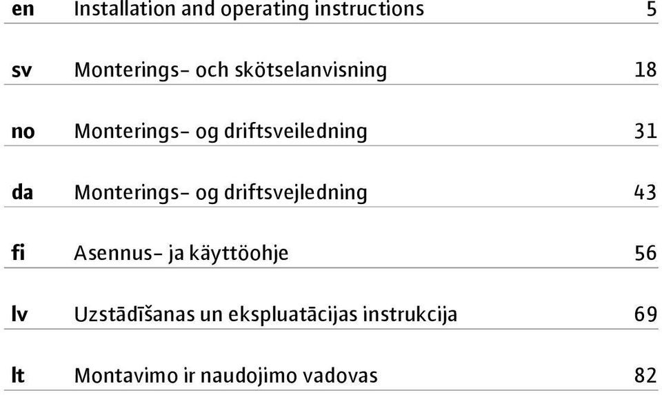 Monterings- og driftsvejledning 43 fi Asennus- ja käyttöohje 56 lv