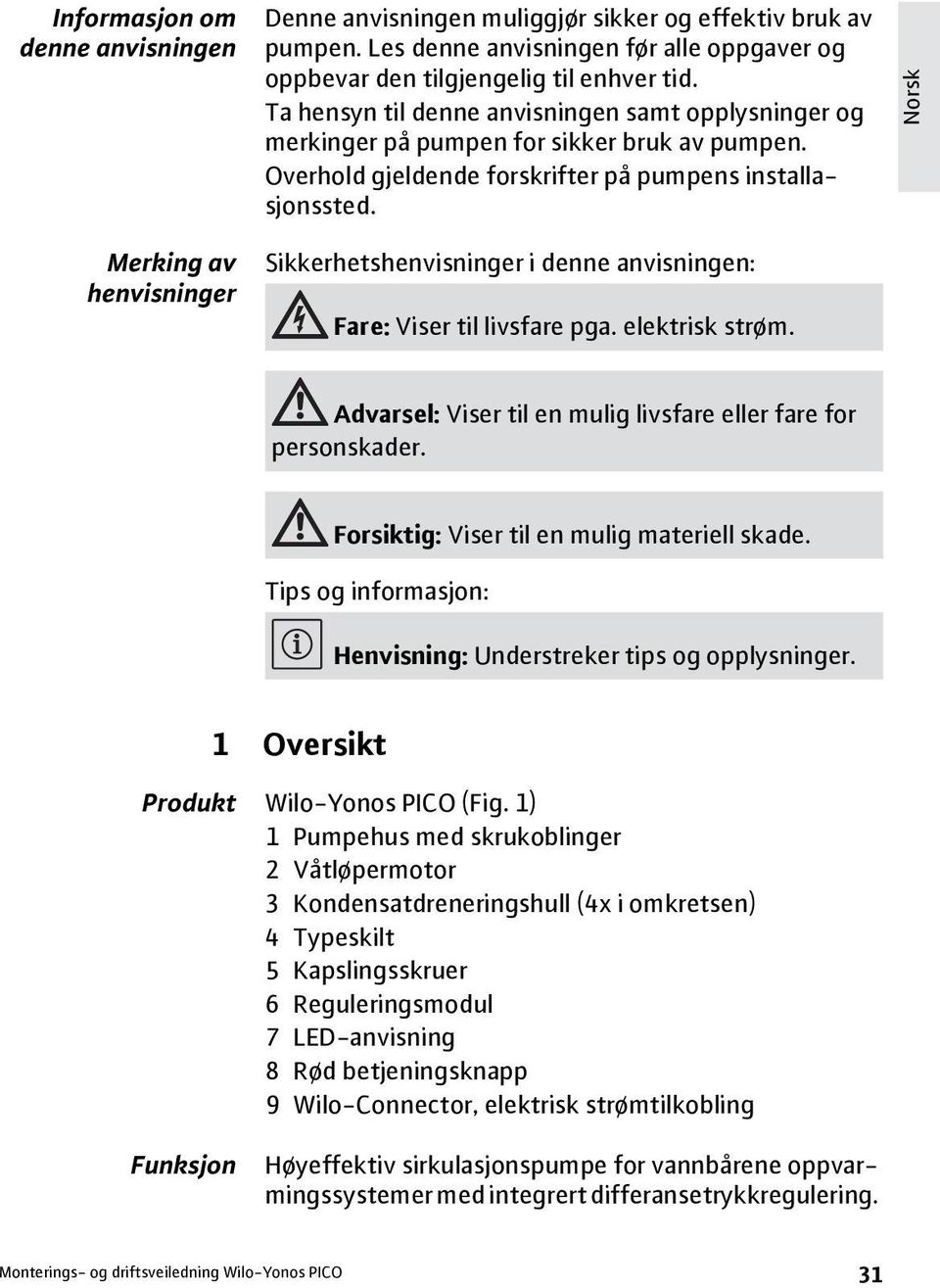 Overhold gjeldende forskrifter på pumpens installasjonssted. Norsk Merking av henvisninger Sikkerhetshenvisninger i denne anvisningen: Fare: Viser til livsfare pga. elektrisk strøm.