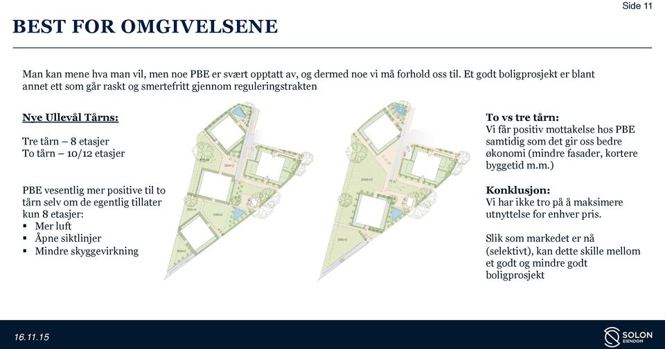 positive til to tårn selv om de egentlig tillater kun 8 etasjer: Mer luft Åpne siktlinjer Mindre skyggevirkning 16.11.