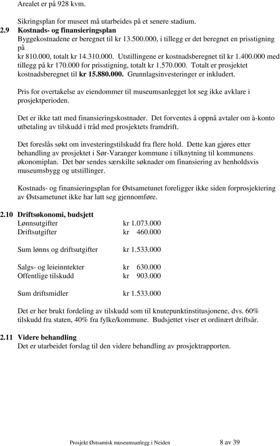 880.000. Grunnlagsinvesteringer er inkludert. Pris for overtakelse av eiendommer til museumsanlegget lot seg ikke avklare i prosjektperioden. Det er ikke tatt med finansieringskostnader.