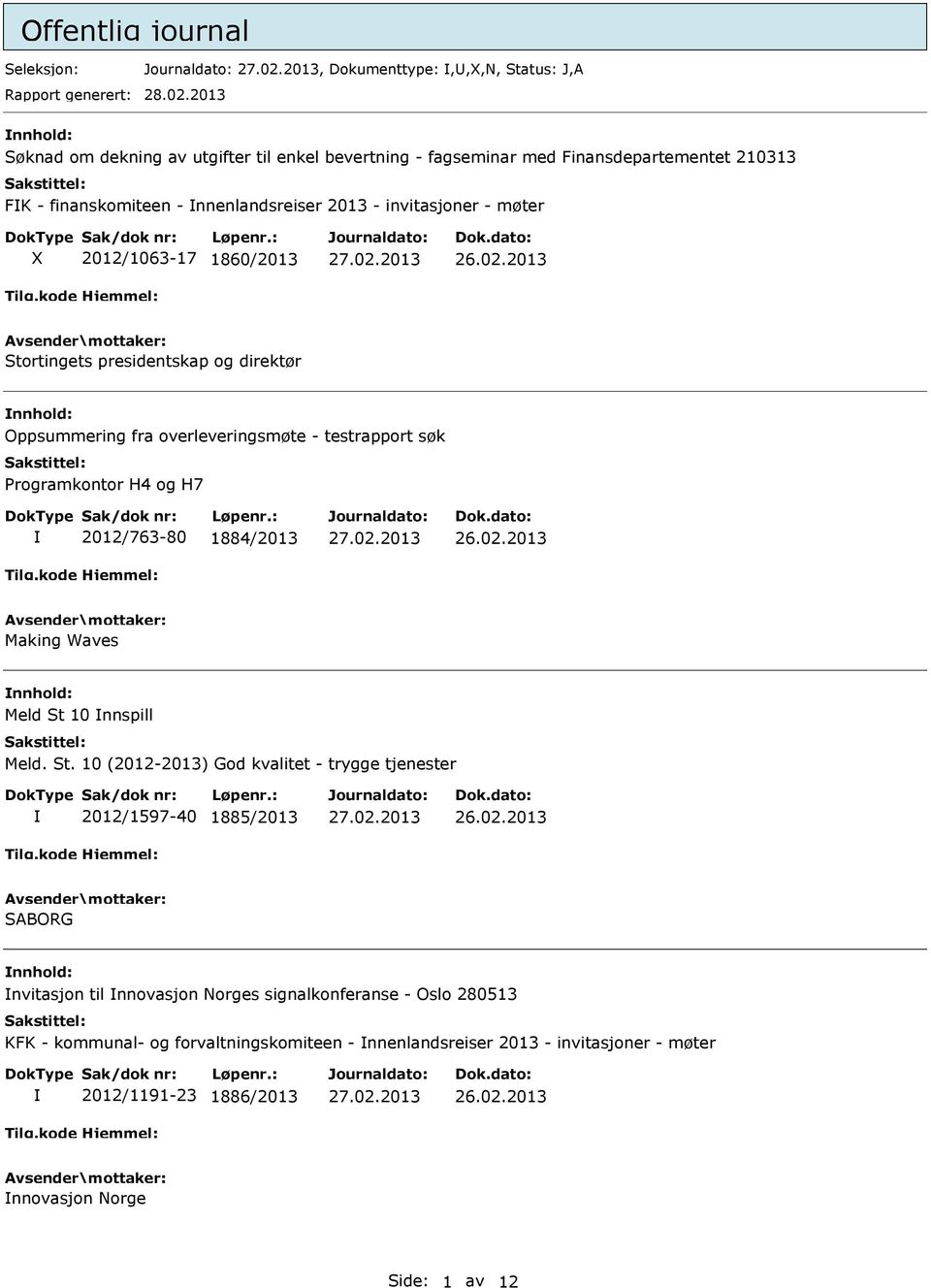 1860/2013 Stortingets presidentskap og direktør Oppsummering fra overleveringsmøte - testrapport søk Programkontor H4 og H7 2012/763-80 1884/2013 Making Waves Meld St 10 nnspill Meld.