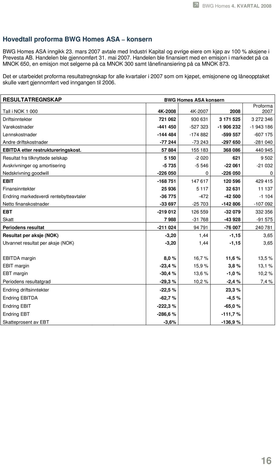 Det er utarbeidet proforma resultatregnskap for alle kvartaler i 2007 som om kjøpet, emisjonene og låneopptaket skulle vært gjennomført ved inngangen til 2006.