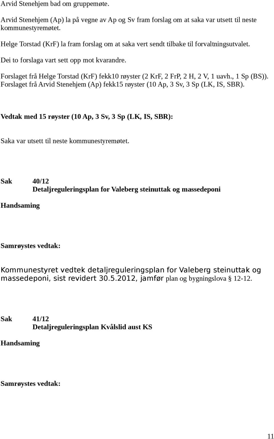 Forslaget frå Helge Torstad (KrF) fekk10 røyster (2 KrF, 2 FrP, 2 H, 2 V, 1 uavh., 1 Sp (BS)). Forslaget frå Arvid Stenehjem (Ap) fekk15 røyster (10 Ap, 3 Sv, 3 Sp (LK, IS, SBR).