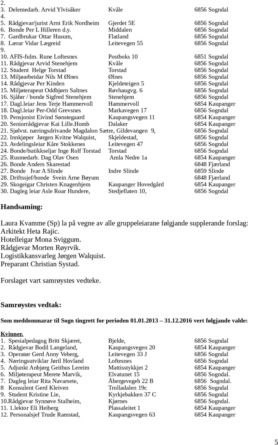 Rådgjevar Arvid Stenehjem Kvåle 6856 Sogndal 12. Student Helge Torstad Torstad 6856 Sogndal 13. Miljøarbeidar Nils M Ølnes Ølnes 6856 Sogndal 14. Rådgjevar Per Kinden Kjeldeteigen 5 6856 Sogndal 15.