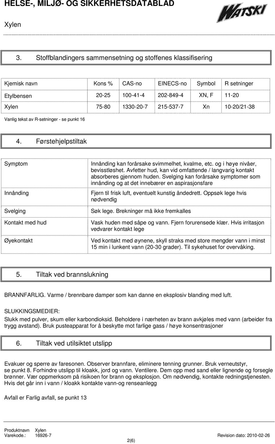 og i høye nivåer, bevisstløshet. Avfetter hud, kan vid omfattende / langvarig kontakt absorberes gjennom huden.