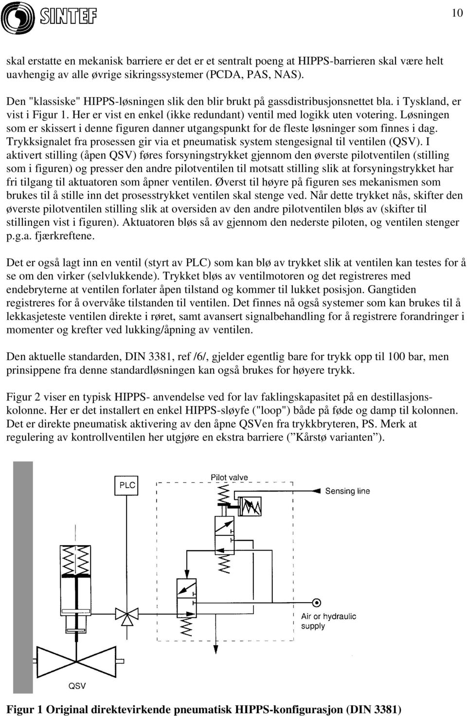 Løsningen som er skissert i denne figuren danner utgangspunkt for de fleste løsninger som finnes i dag. Trykksignalet fra prosessen gir via et pneumatisk system stengesignal til ventilen (QSV).