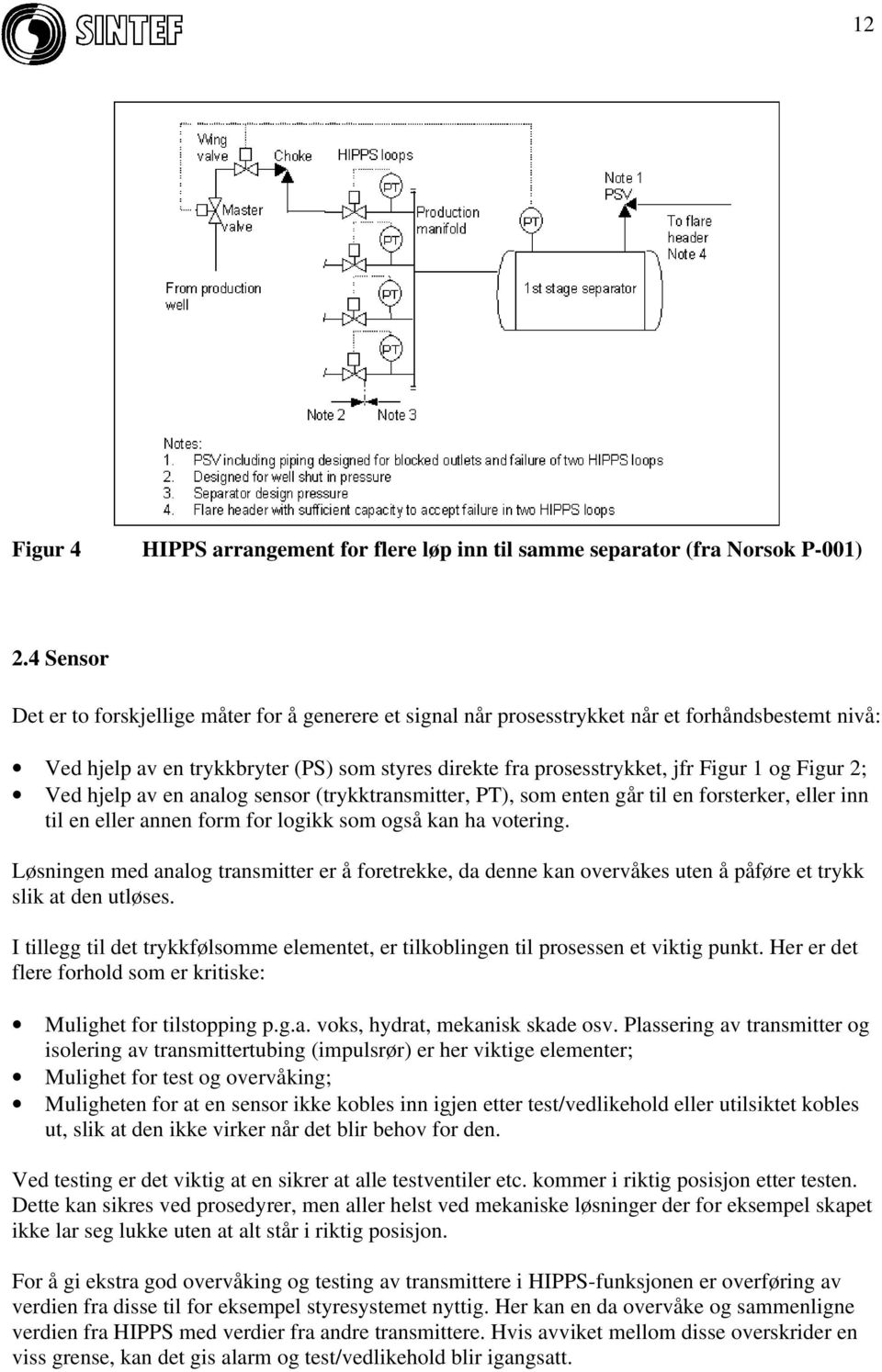 Figur 2; Ved hjelp av en analog sensor (trykktransmitter, PT), som enten går til en forsterker, eller inn til en eller annen form for logikk som også kan ha votering.