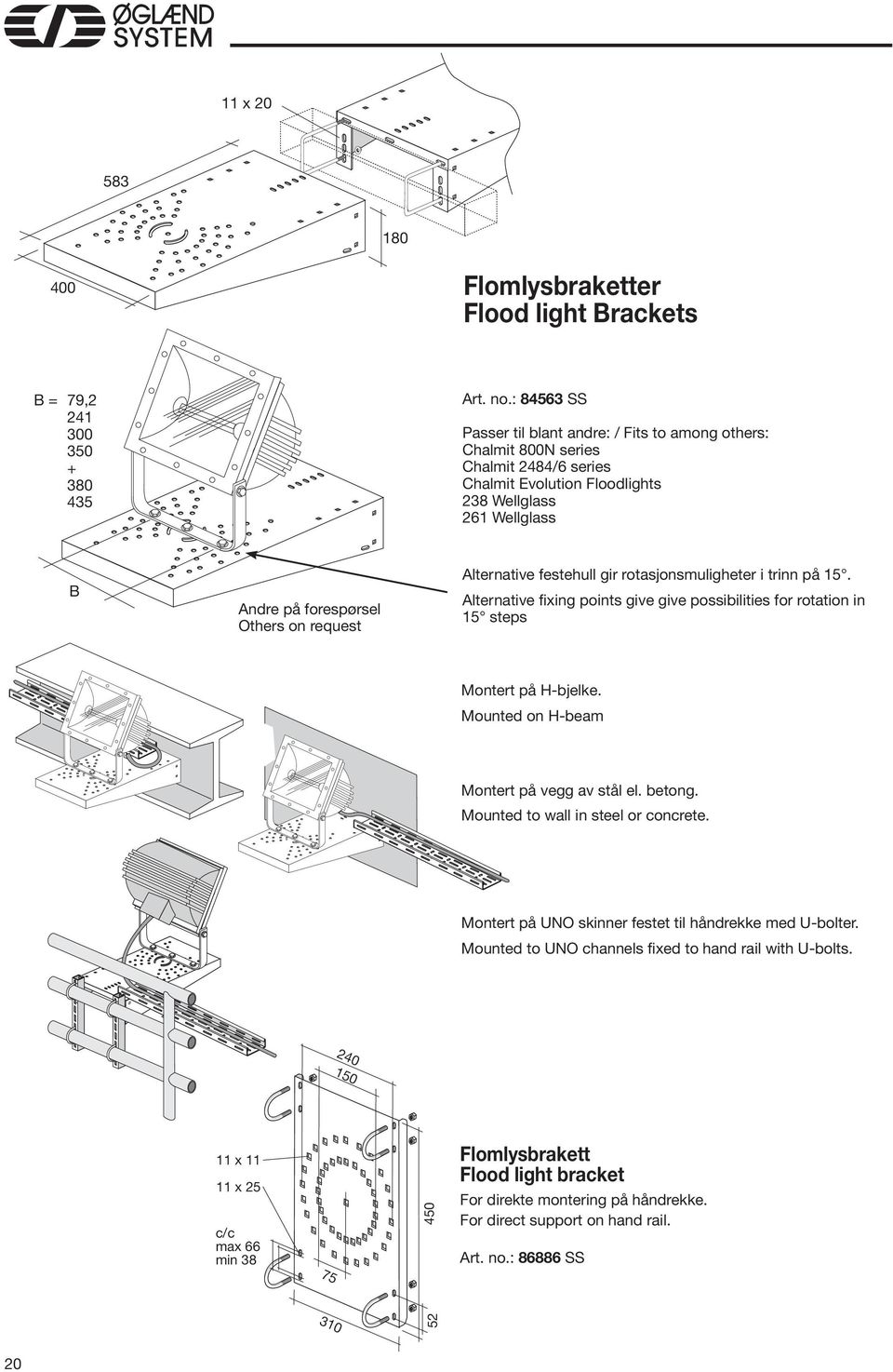 Alternative festehull gir rotasjonsmuligheter i trinn på. Alternative fixing points give give possibilities for rotation in steps Montert på H-bjelke. Mounted on H-beam Montert på vegg av stål el.