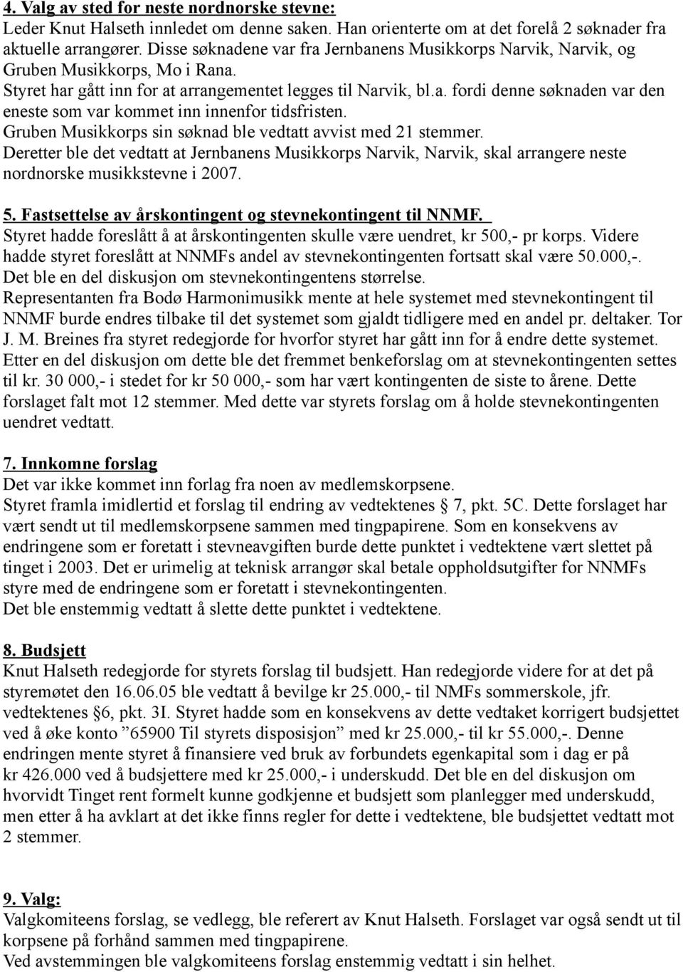 Gruben Musikkorps sin søknad ble vedtatt avvist med 21 stemmer. Deretter ble det vedtatt at Jernbanens Musikkorps Narvik, Narvik, skal arrangere neste nordnorske musikkstevne i 2007. 5.