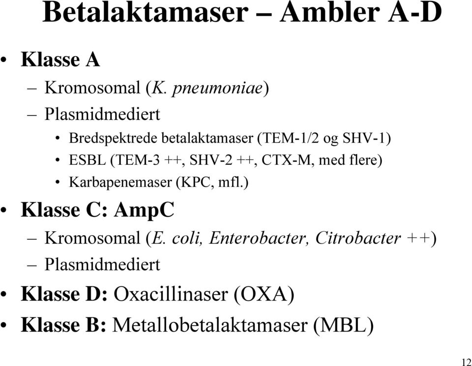 ++, SHV-2 ++, CTX-M, med flere) Karbapenemaser (KPC, mfl.