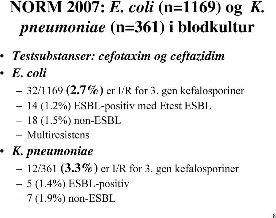 coli 32/1169 (2.7%) er I/R for 3. gen kefalosporiner 14 (1.