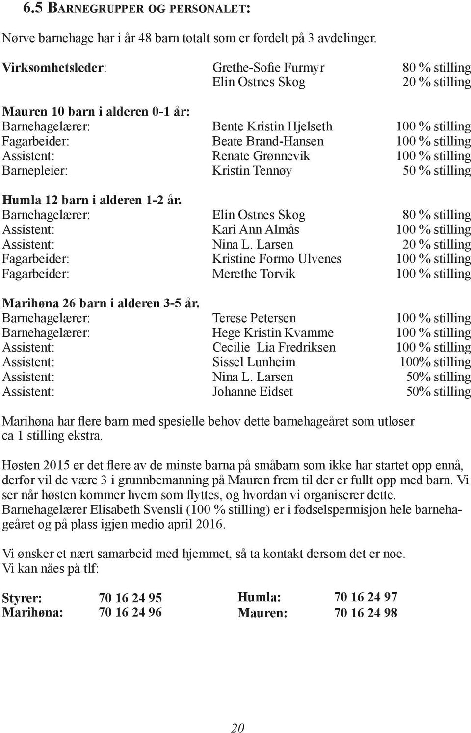 Brand-Hansen 100 % stilling Assistent: Renate Grønnevik 100 % stilling Barnepleier: Kristin Tennøy 50 % stilling Humla 12 barn i alderen 1-2 år.