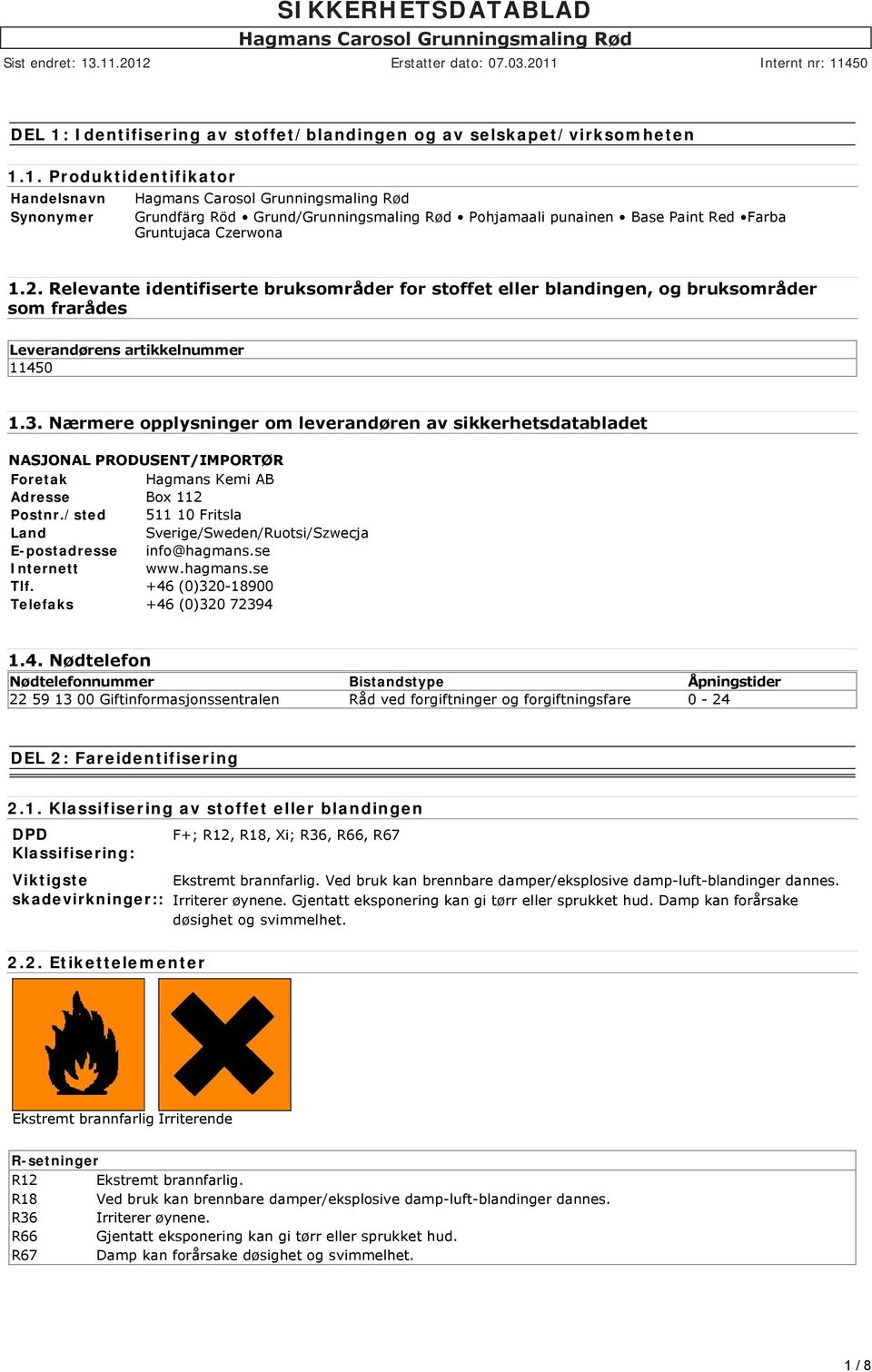 Nærmere opplysninger om leverandøren av sikkerhetsdatabladet NASJONAL PRODUSENT/IMPORTØR Foretak Hagmans Kemi AB Adresse Box 112 Postnr.