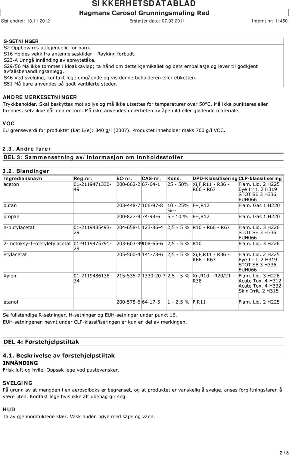 S46 Ved svelging, kontakt lege omgående og vis denne beholderen eller etiketten. S51 Må bare anvendes på godt ventilerte steder. ANDRE MERKESETNINGER Trykkbeholder.