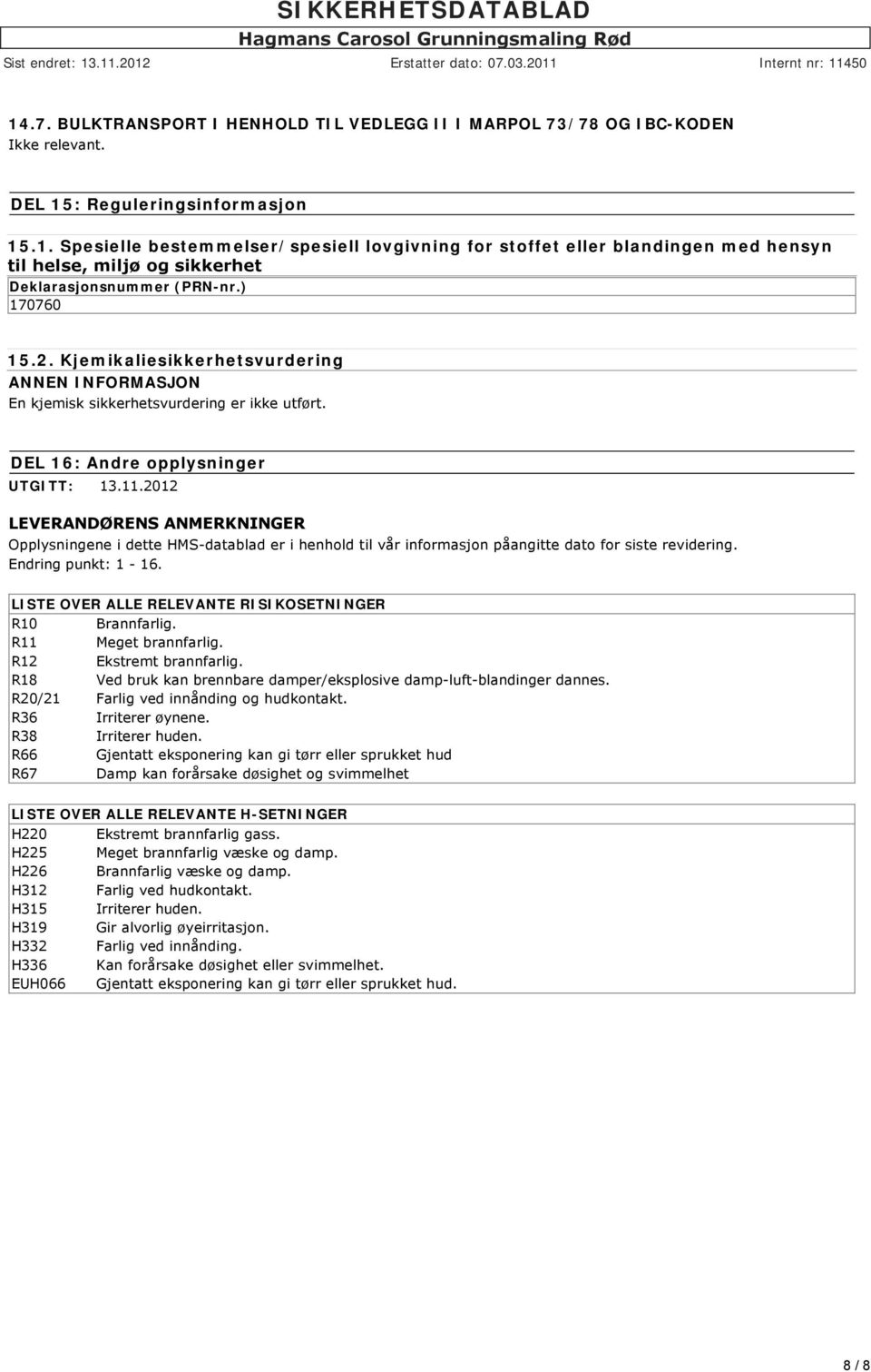 2012 LEVERANDØRENS ANMERKNINGER Opplysningene i dette HMS datablad er i henhold til vår informasjon påangitte dato for siste revidering. Endring punkt: 1-16.