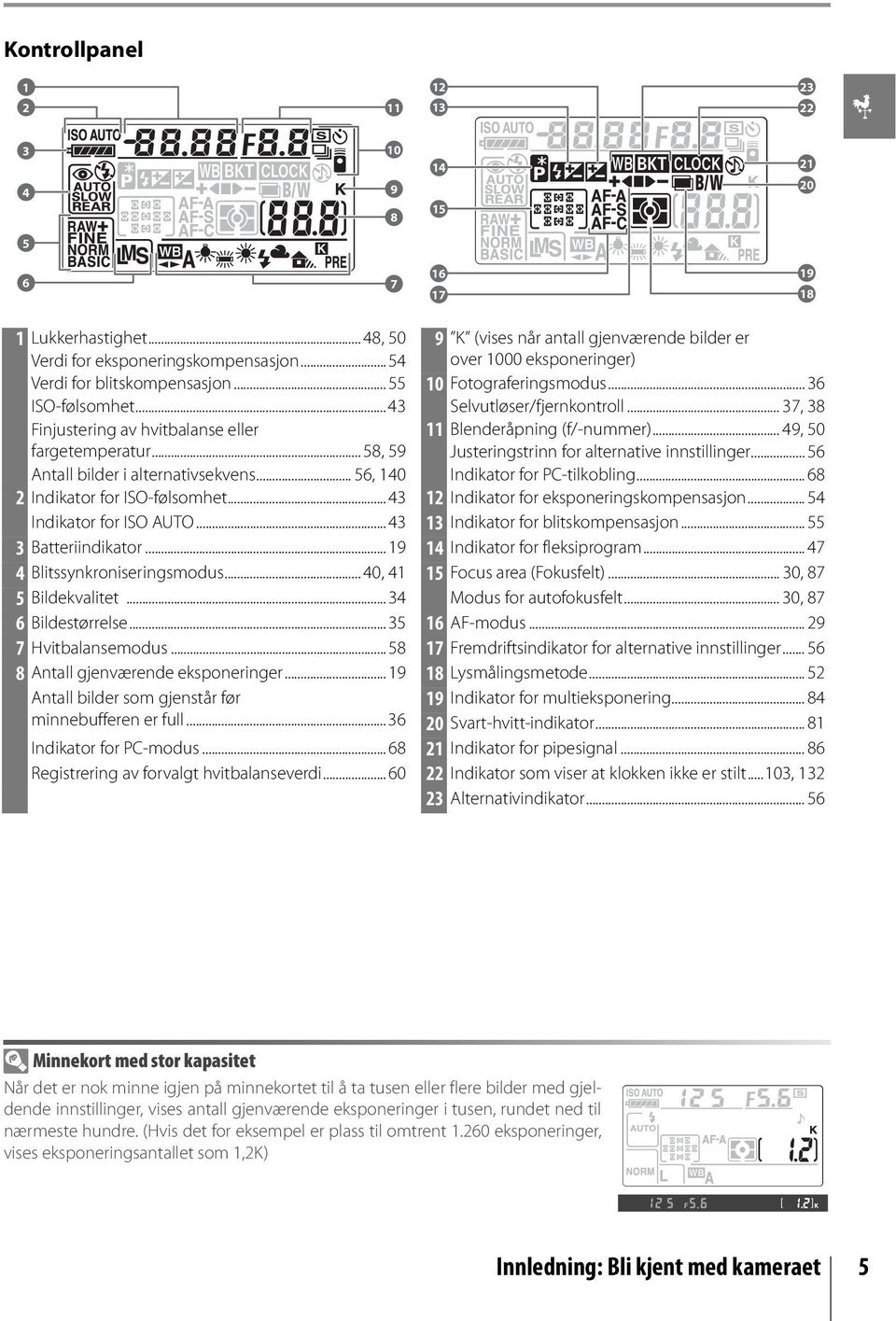 .. 58, 59 11 Blenderåpning (f/-nummer)... 49, 50 Justeringstrinn for alternative innstillinger... 56 Antall bilder i alternativsekvens... 56, 140 Indikator for PC-tilkobling.