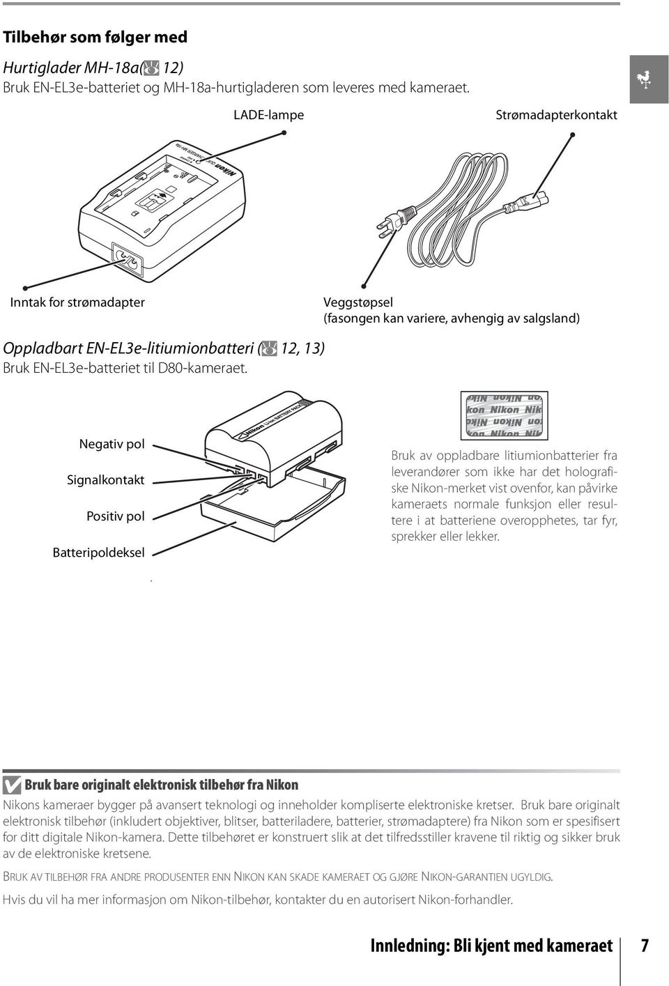 Veggstøpsel (fasongen kan variere, avhengig av salgsland) Negativ pol Signalkontakt Positiv pol Batteripoldeksel.