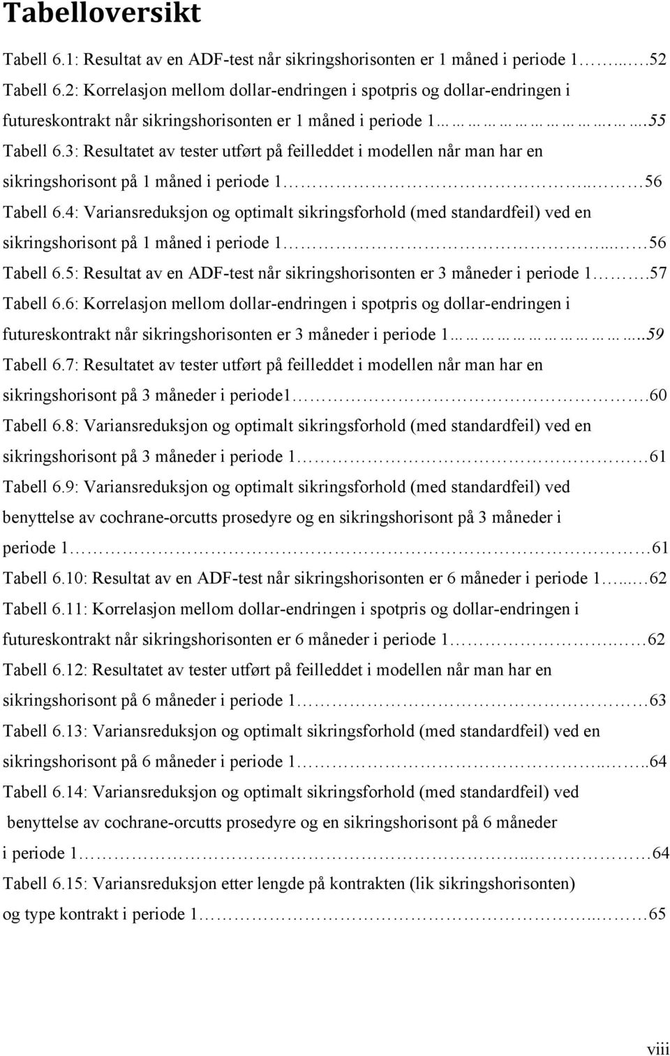 3: Resultatet av tester utført på feilleddet i modellen når man har en sikringshorisont på 1 måned i periode 1.. 56 Tabell 6.