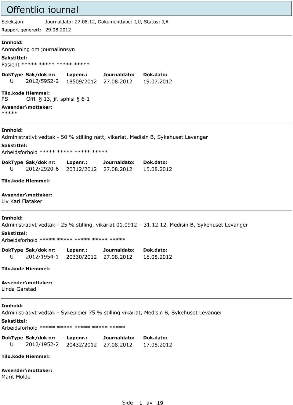 2012 Liv Kari Flataker Administrativt vedtak - 25 % stilling, vikariat 01.0912 31.12.12, Medisin B, Sykehuset Levanger 2012/1954-1 20330/2012 15.08.