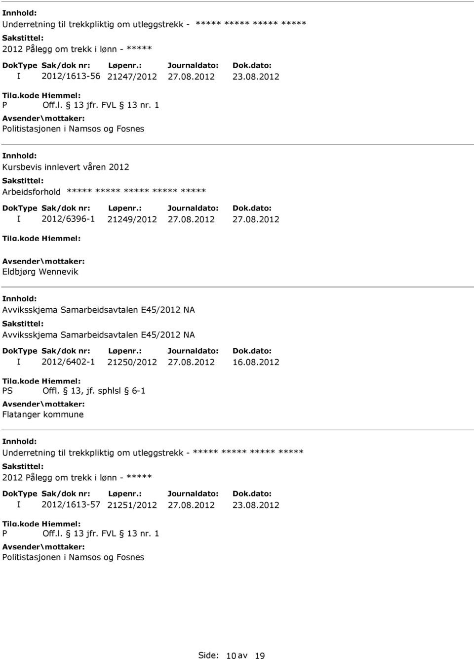 E45/2012 NA Avviksskjema Samarbeidsavtalen E45/2012 NA 2012/6402-1 21250/2012 Flatanger kommune 16.08.