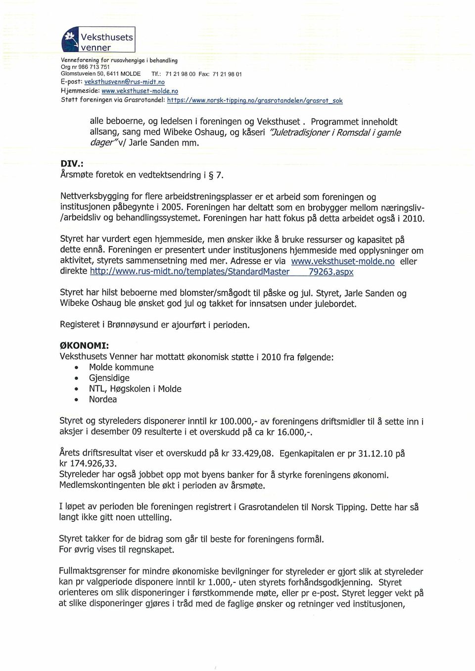 Programmet inneholdt allsang, sang med Wibeke Oshaug, og kåseri Juletradlsjonerf Romsdal/gamle dager v/ Jarle Sanden mm. DIV.: Årsmøte foretok en vedtektsendring i 7.