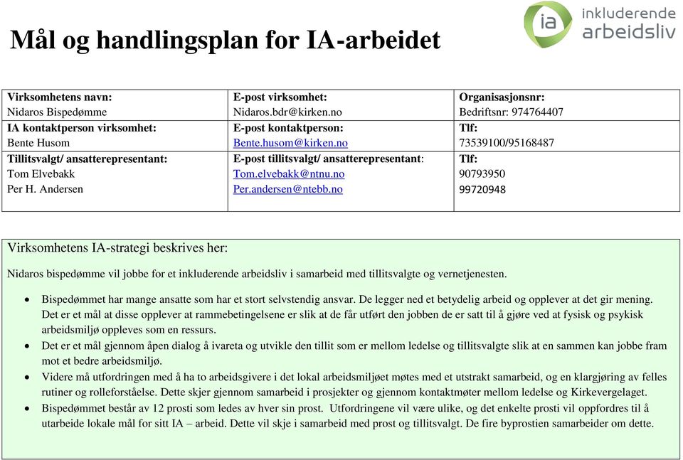 no Organisasjonsnr: Bedriftsnr: 974764407 Tlf: 73539100/95168487 Tlf: 90793950 99720948 Virksomhetens IA-strategi beskrives her: Nidaros bispedømme vil jobbe for et inkluderende arbeidsliv i