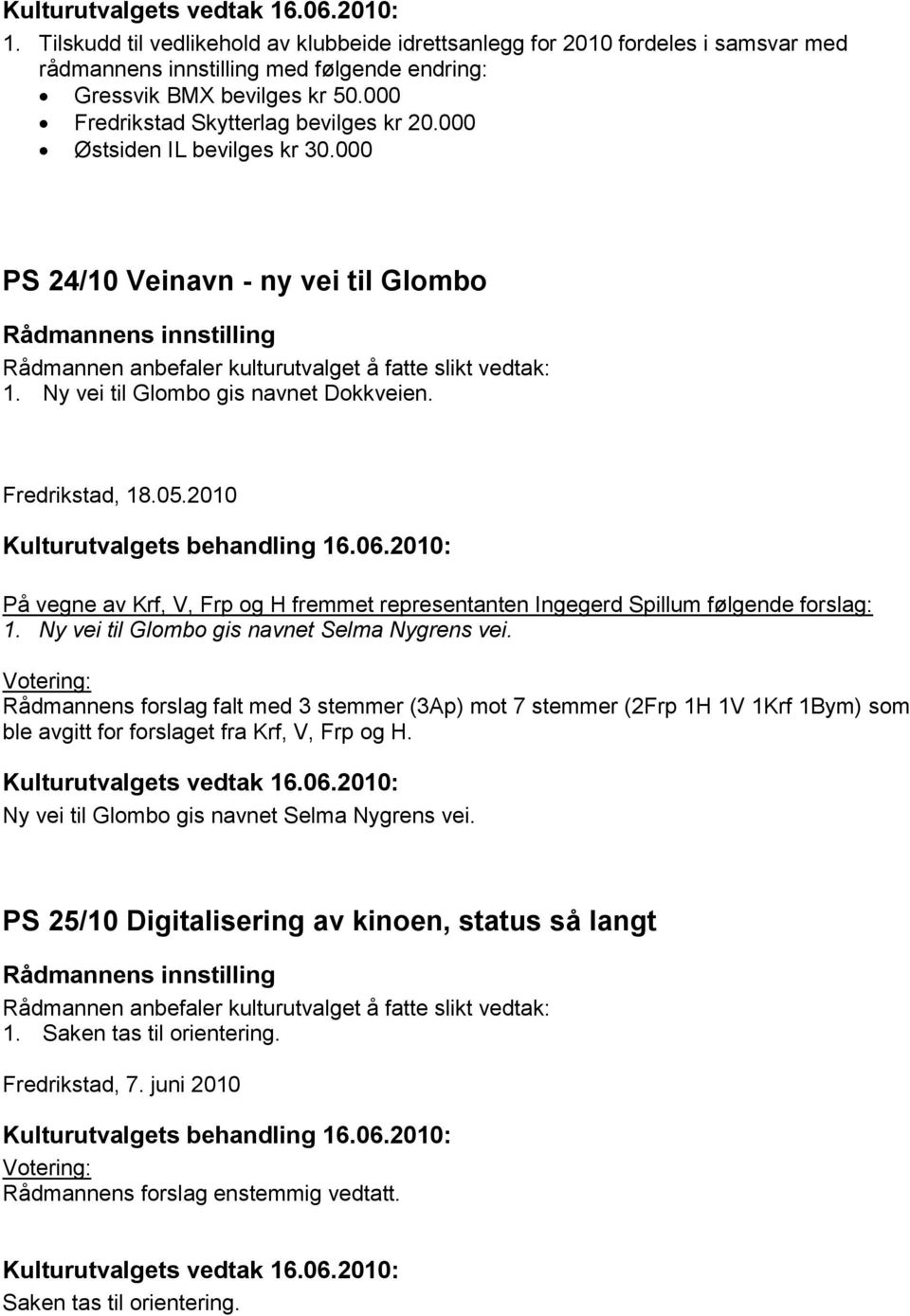 2010 På vegne av Krf, V, Frp og H fremmet representanten Ingegerd Spillum følgende forslag: 1. Ny vei til Glombo gis navnet Selma Nygrens vei.