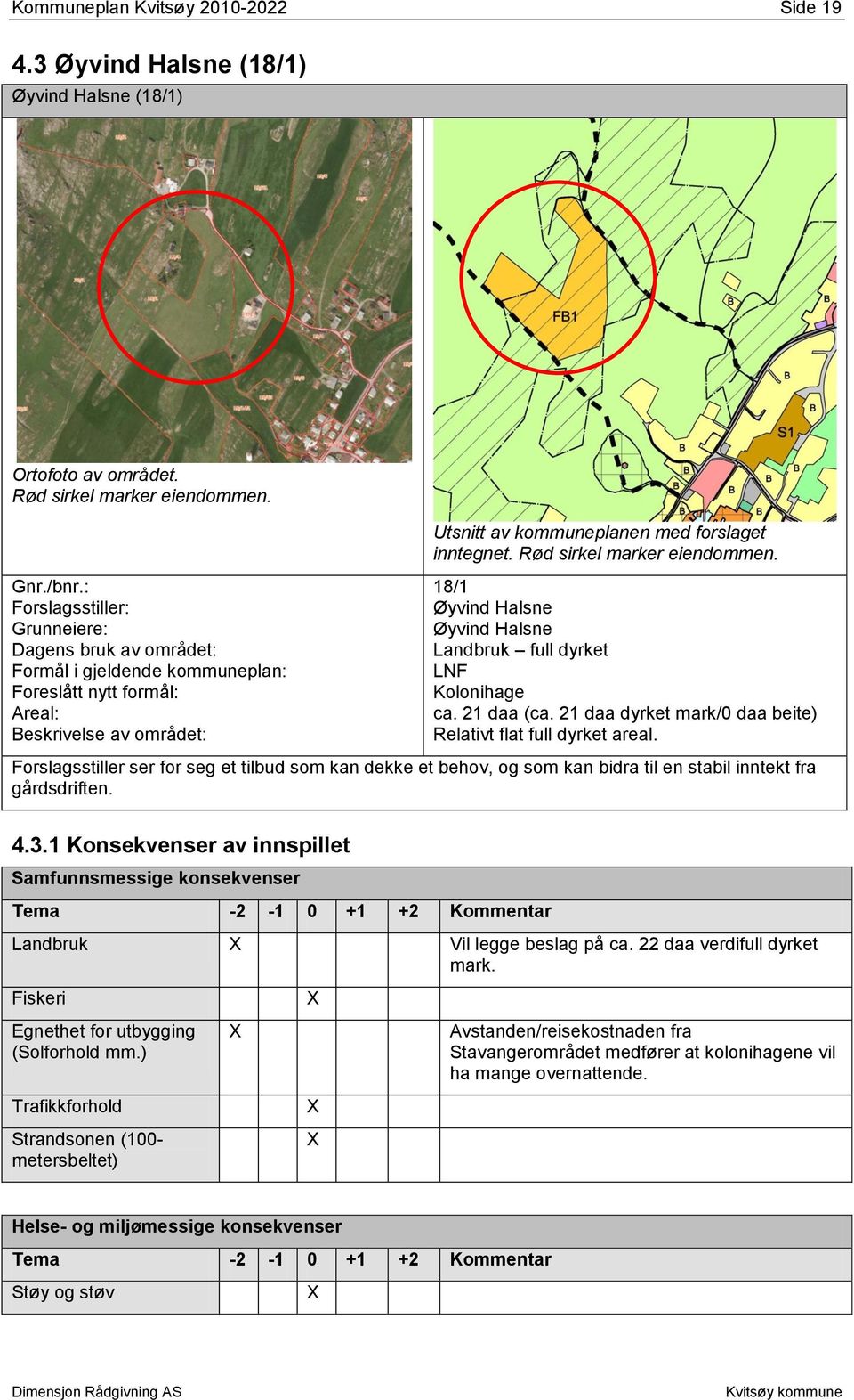 Rød sirkel marker eiendommen. 18/1 Øyvind Halsne Øyvind Halsne Landbruk full dyrket LNF Kolonihage ca. 21 daa (ca. 21 daa dyrket mark/0 daa beite) Relativt flat full dyrket areal.