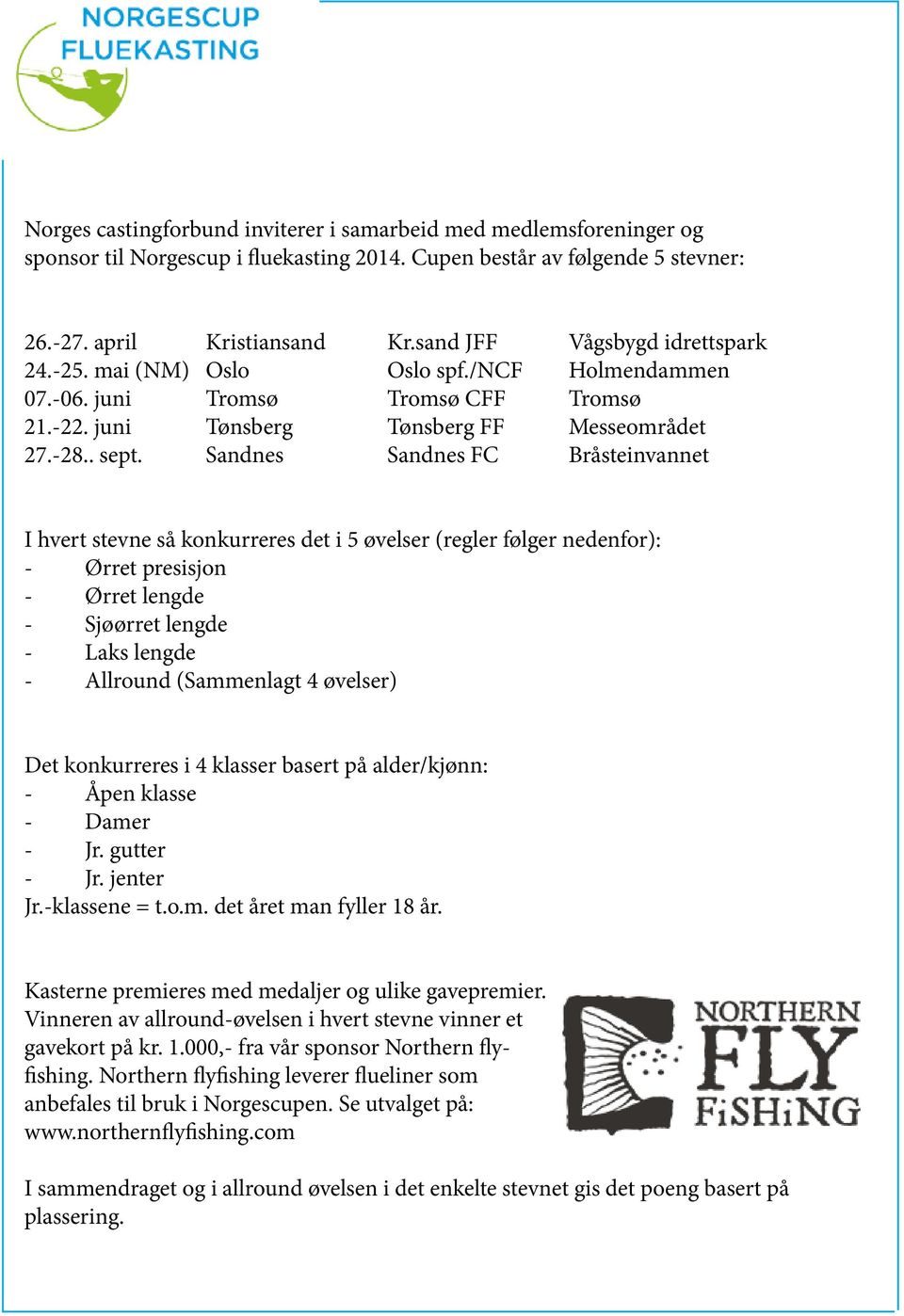 Sandnes Sandnes FC Bråsteinvannet I hvert stevne så konkurreres det i 5 øvelser (regler følger nedenfor): - Ørret presisjon - Ørret lengde - Sjøørret lengde - Laks lengde - Allround (Sammenlagt 4