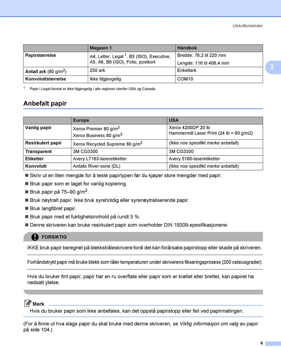 Anbefalt papir 2 Europa USA Vanlig papir Xerox Premier 80 g/m 2 Xerox 4200DP 20 lb Xerox Business 80 g/m 2 Hammermill Laser Print (24 lb = 90 g/m2) Resirkulert papir Xerox Recycled Supreme 80 g/m 2