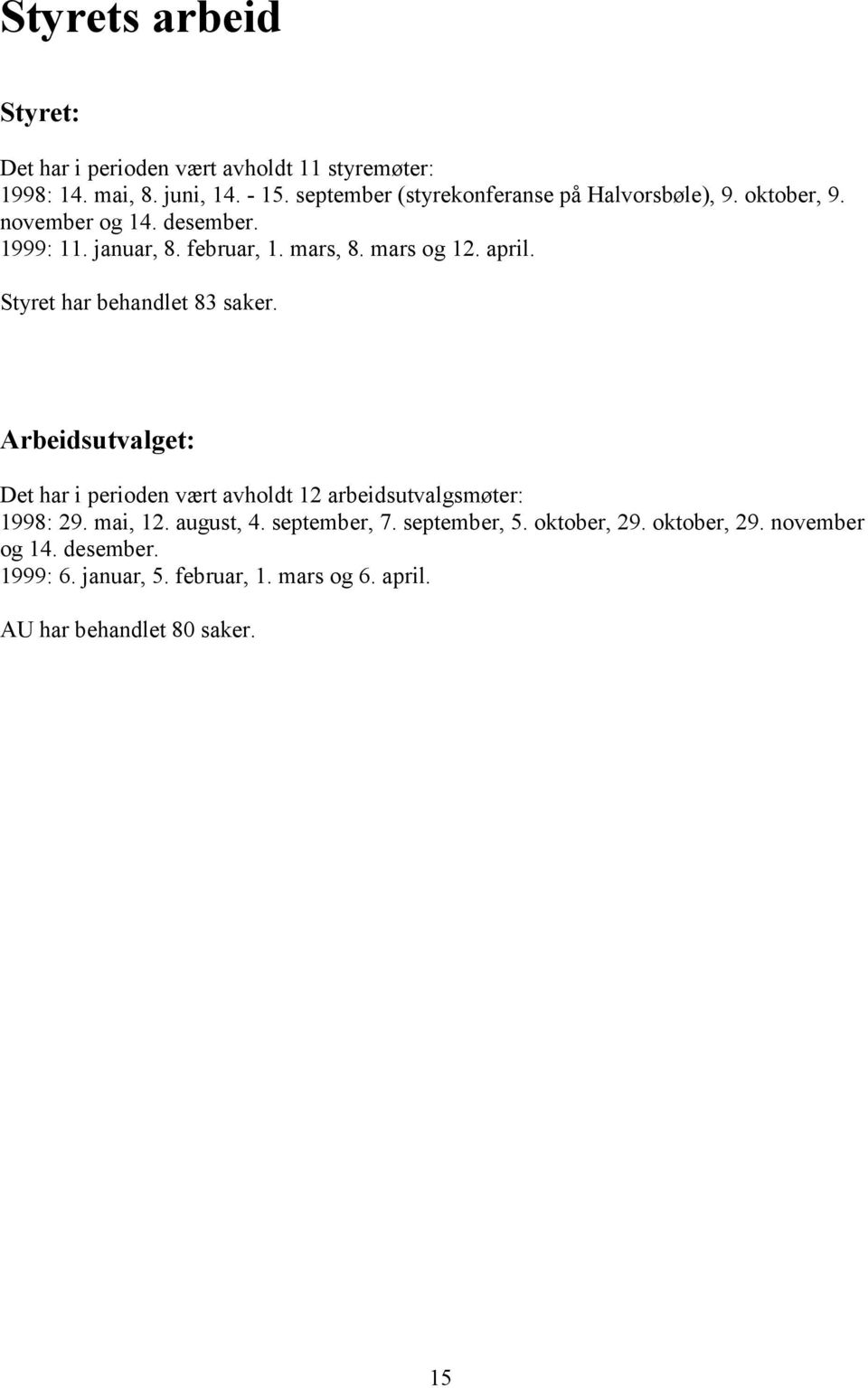 mars og 12. april. Styret har behandlet 83 saker. Arbeidsutvalget: Det har i perioden vært avholdt 12 arbeidsutvalgsmøter: 1998: 29.