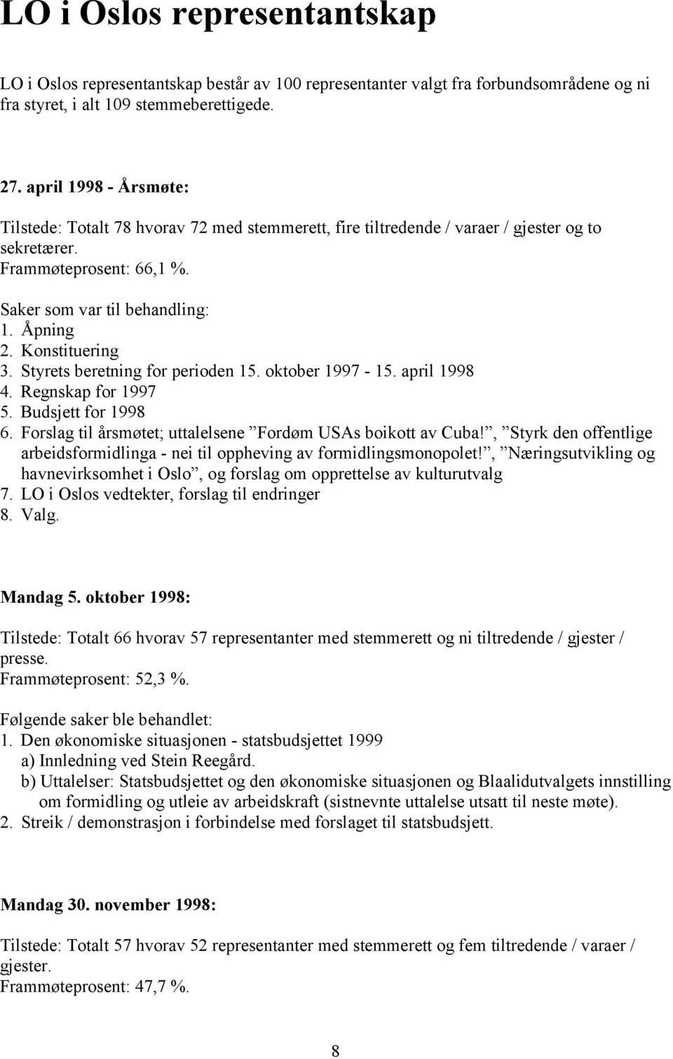 Konstituering 3. Styrets beretning for perioden 15. oktober 1997-15. april 1998 4. Regnskap for 1997 5. Budsjett for 1998 6. Forslag til årsmøtet; uttalelsene Fordøm USAs boikott av Cuba!