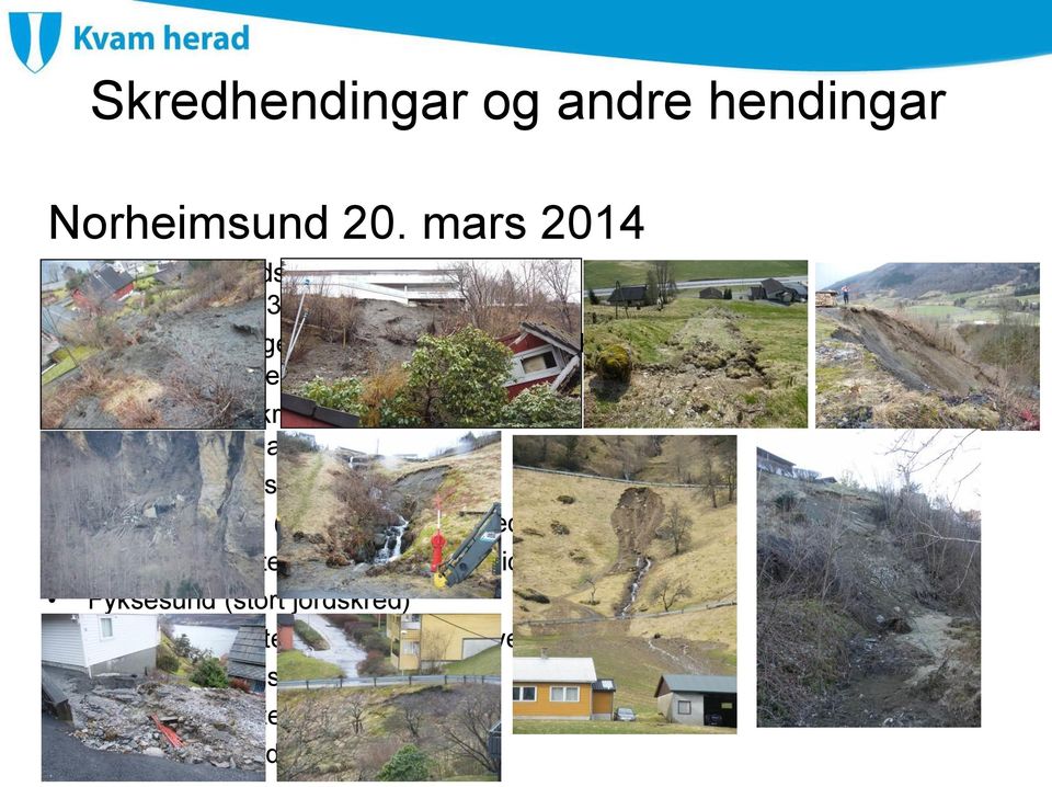avvegar (forsikring) Skeie (to jordskred) evakuering av 2 bustadhus Liabrekka (jordskred frå fylling) KV Hatlevegen (lite
