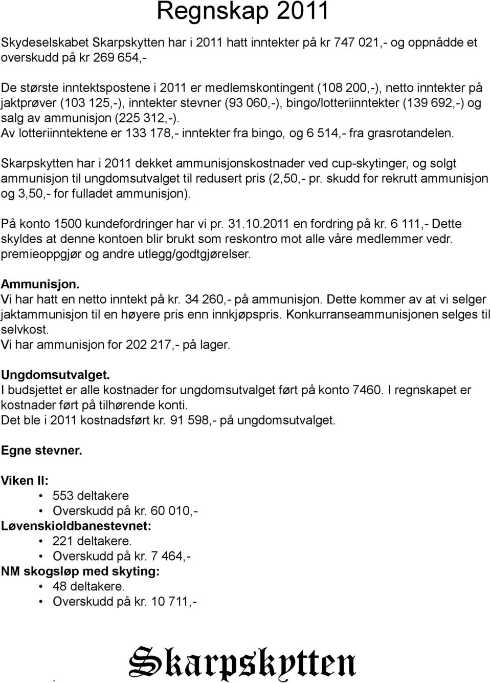 Av lotteriinntektene er 133 178,- inntekter fra bingo, og 6 514,- fra grasrotandelen.