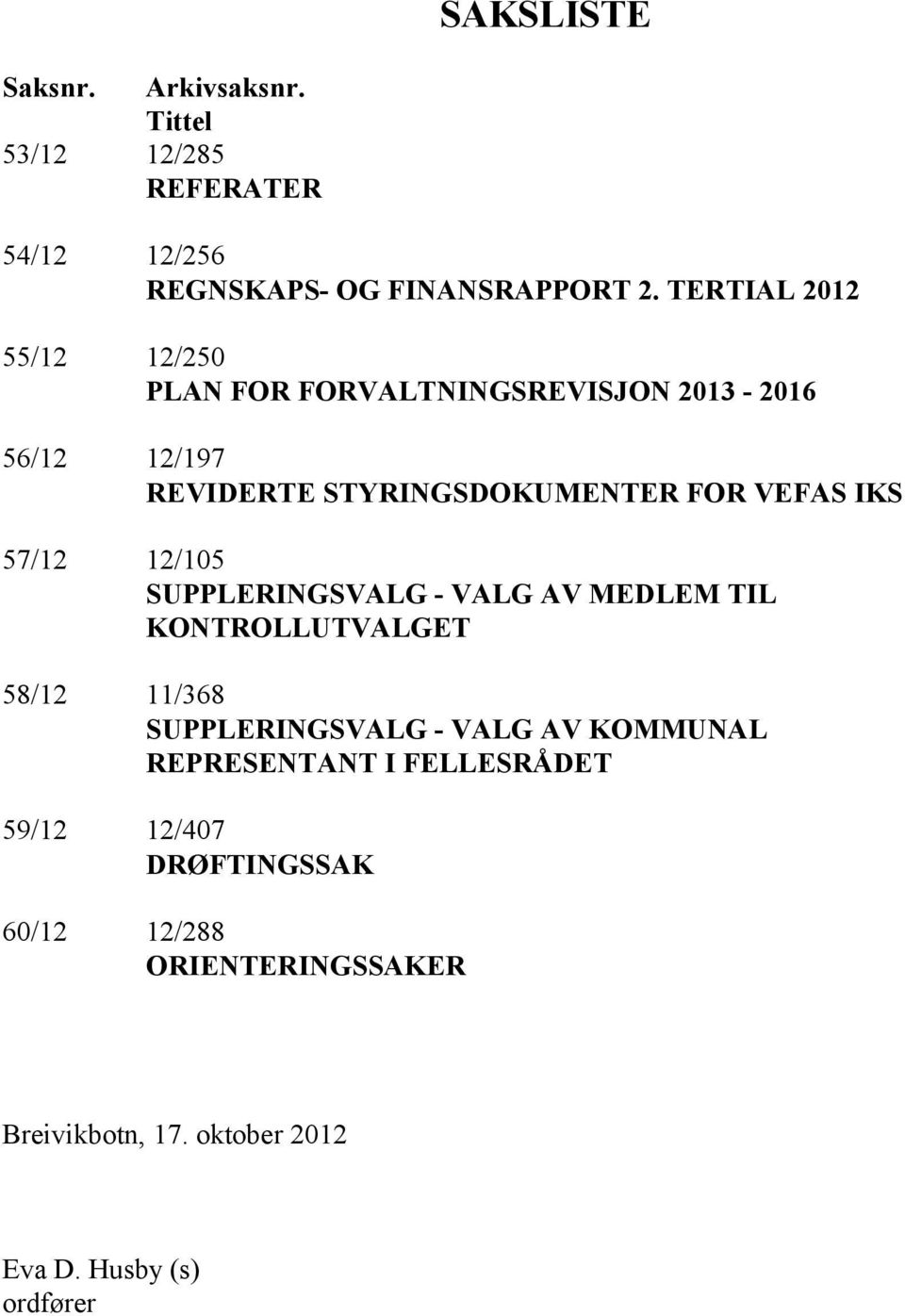 IKS 57/12 12/105 SUPPLERINGSVALG - VALG AV MEDLEM TIL KONTROLLUTVALGET 58/12 11/368 SUPPLERINGSVALG - VALG AV KOMMUNAL