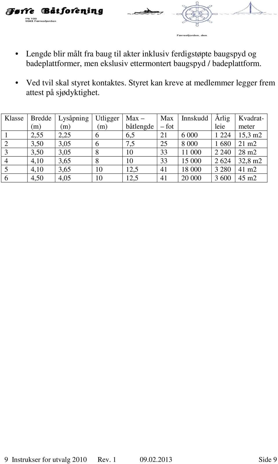 Klasse Bredde (m) Lysåpning (m) Utligger (m) Max båtlengde Max fot Innskudd Årlig leie Kvadratmeter 1 2,55 2,25 6 6,5 21 6 000 1 224 15,3 m2 2 3,50 3,05 6 7,5