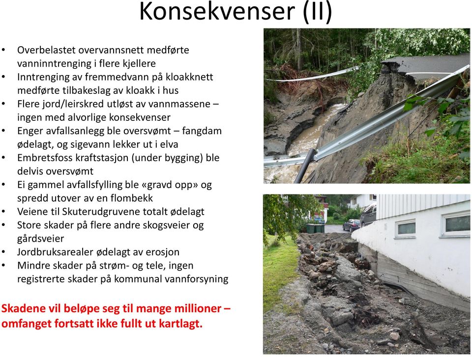 gammel avfallsfylling ble «gravd opp» og spredd utover av en flombekk Veiene til Skuterudgruvene totalt ødelagt Store skader på flere andre skogsveier og gårdsveier Jordbruksarealer