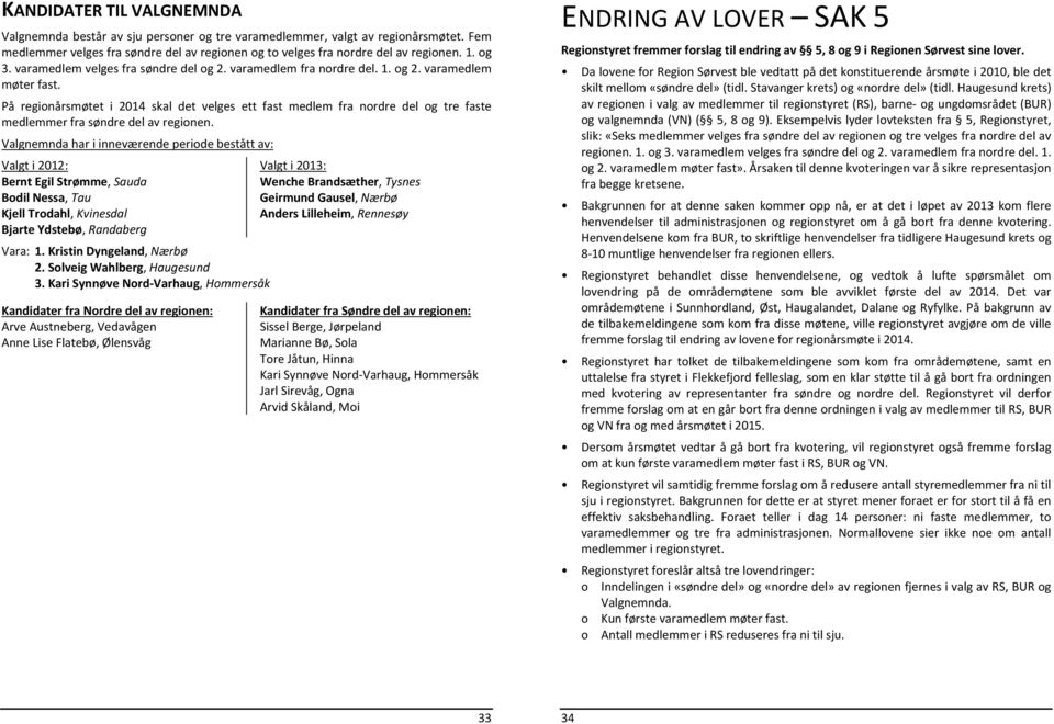 På regionårsmøtet i 2014 skal det velges ett fast medlem fra nordre del og tre faste medlemmer fra søndre del av regionen.