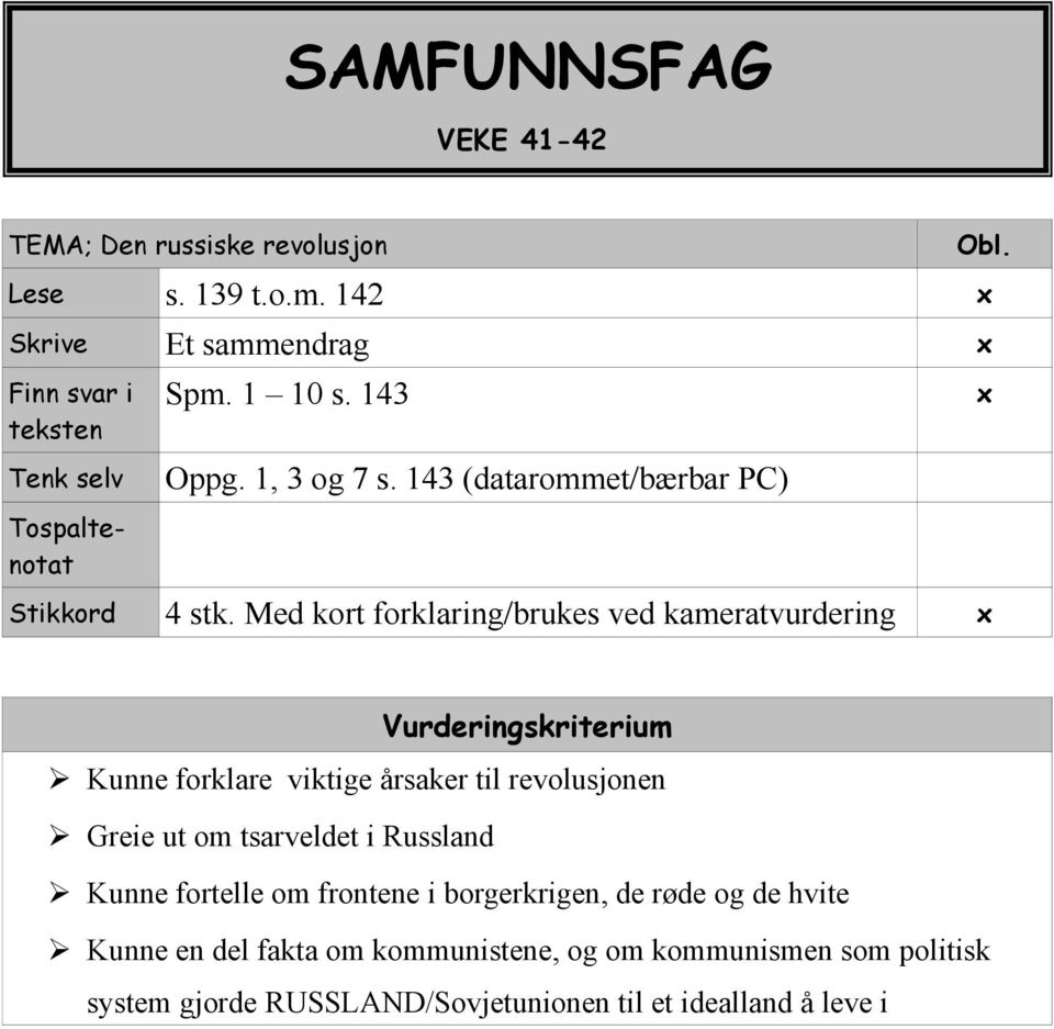 143 (datarommet/bærbar PC) Stikkord 4 stk. Med kort forklaring/brukes ved kameratvurdering Obl.