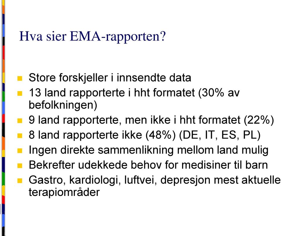 land rapporterte, men ikke i hht formatet (22%) 8 land rapporterte ikke (48%) (DE, IT, ES,