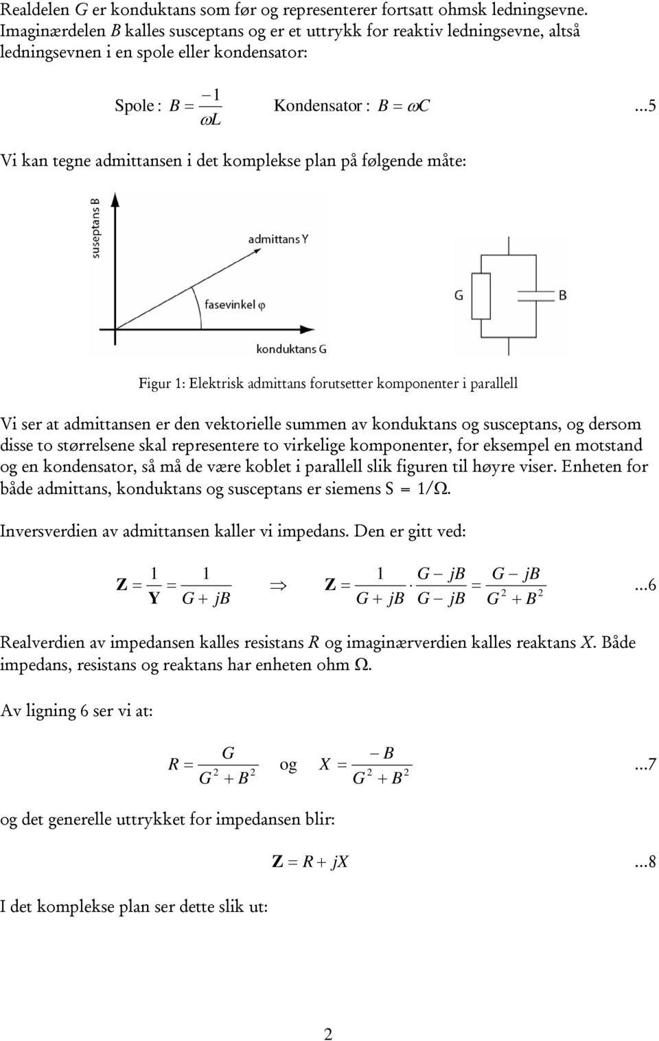 komplekse plan på følgende måte: Figur : Elektrisk admittans forutsetter komponenter i parallell Vi ser at admittansen er den vektorielle summen av konduktans og susceptans, og dersom disse to