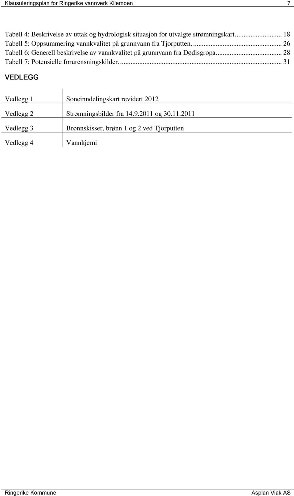 ... 26 Tabell 6: Generell beskrivelse av vannkvalitet på grunnvann fra Dødisgropa.... 28 Tabell 7: Potensielle forurensningskilder.