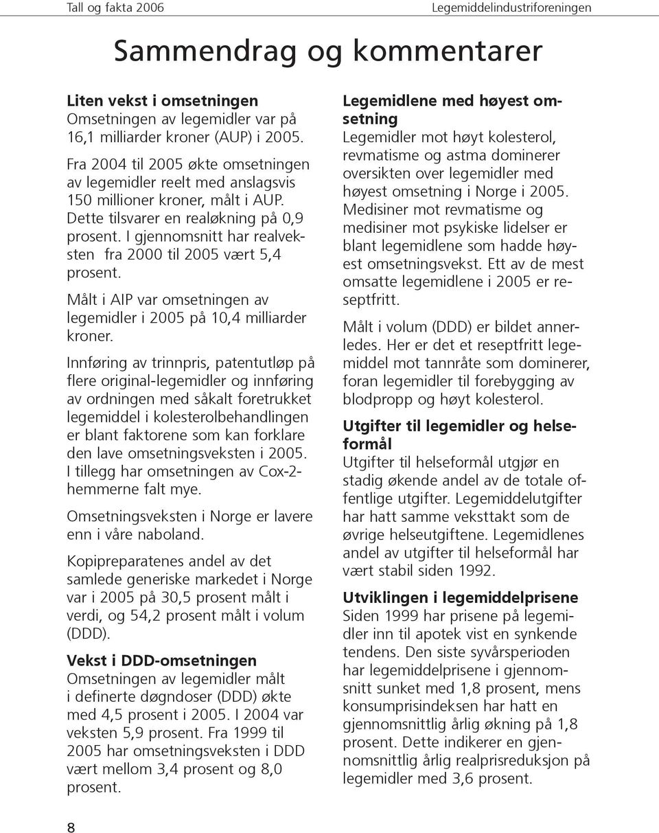 I gjennomsnitt har realveksten fra 2000 til 2005 vært 5,4 prosent. Målt i AIP var omsetningen av legemidler i 2005 på 10,4 milliarder kroner.