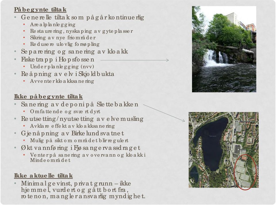 Omfattende og svært dyrt Reutsetting/nyutsetting av elvemusling Avklare effekt av kloakksanering Gjenåpning av Birkelundsvatnet Mulig på sikt om området blir regulert Økt vannføring i