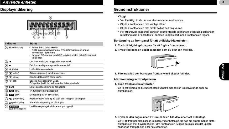 För att undvika skador på enheten eller fordonets interiör ska eventuella kablar och utrustning som är ansluten till enheten kopplas bort innan frontpanelen frigörs.