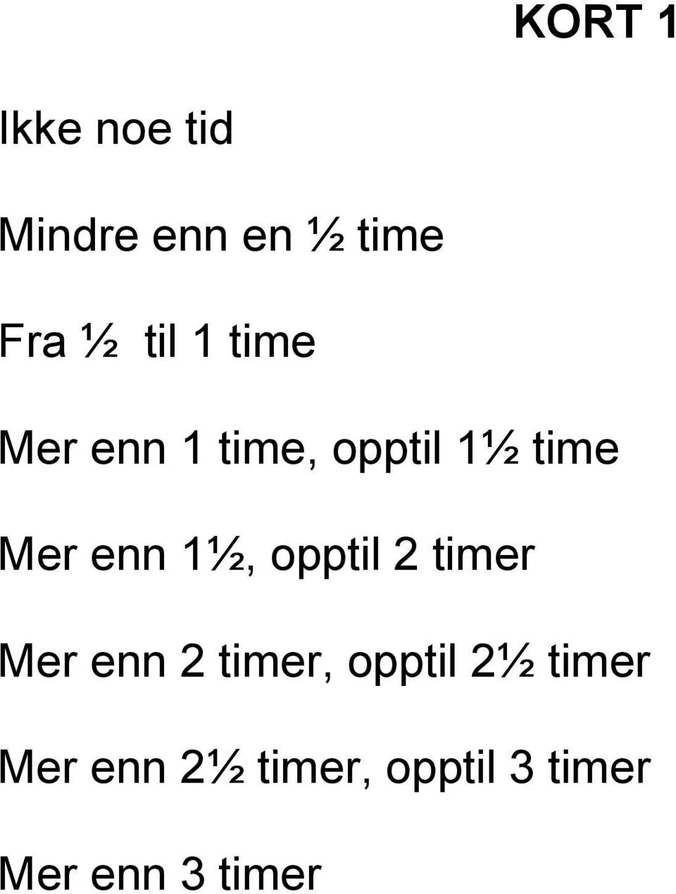 1½, opptil 2 timer Mer enn 2 timer, opptil 2½