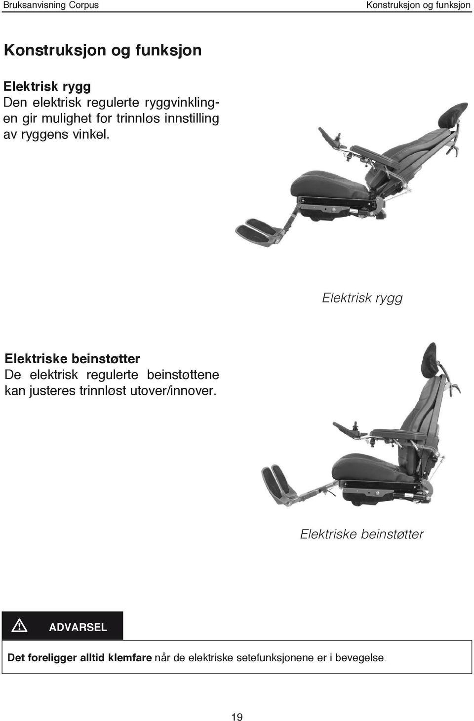 Elektrisk rygg Elektriske beinstøtter De elektrisk regulerte beinstøttene kan justeres trinnløst